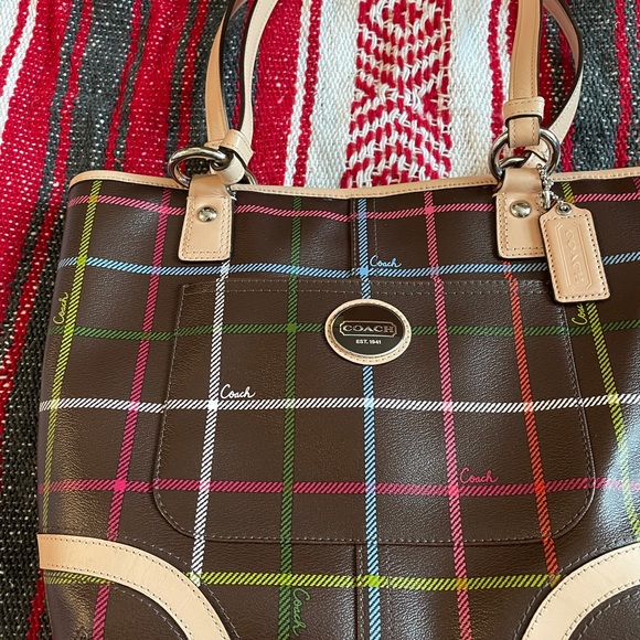 Coach Peyton Tattersall F24389 Multicolor Satchel Tote Shoulder Hand Bag Purse - Picture 2 of 2